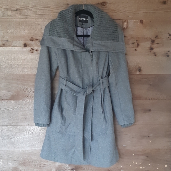 Express Rib Trimmed Wool Blend Coat Charcoal Gray - Picture 1 of 7